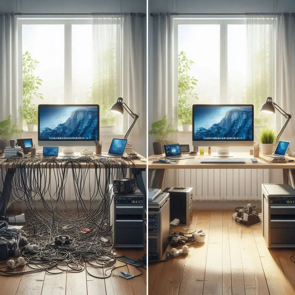 Kabel am Schreibtisch verstecken vorher nachher