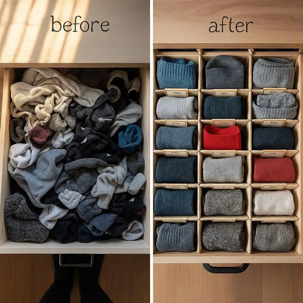 Socken ordentlich sortieren vorher nachher Schublade