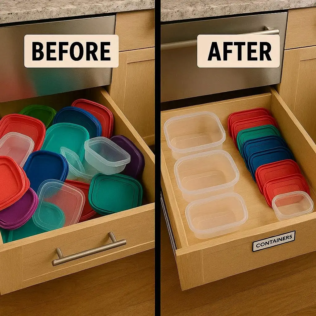 Tupperware aufbewahren vorher nachher Schublade