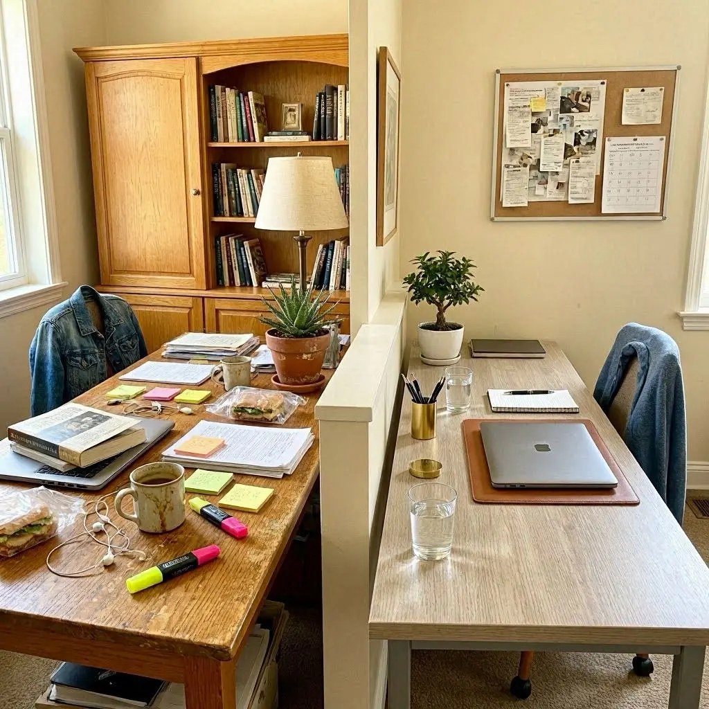Büro organisieren vorher nachher Schreibtisch aufgeräumt