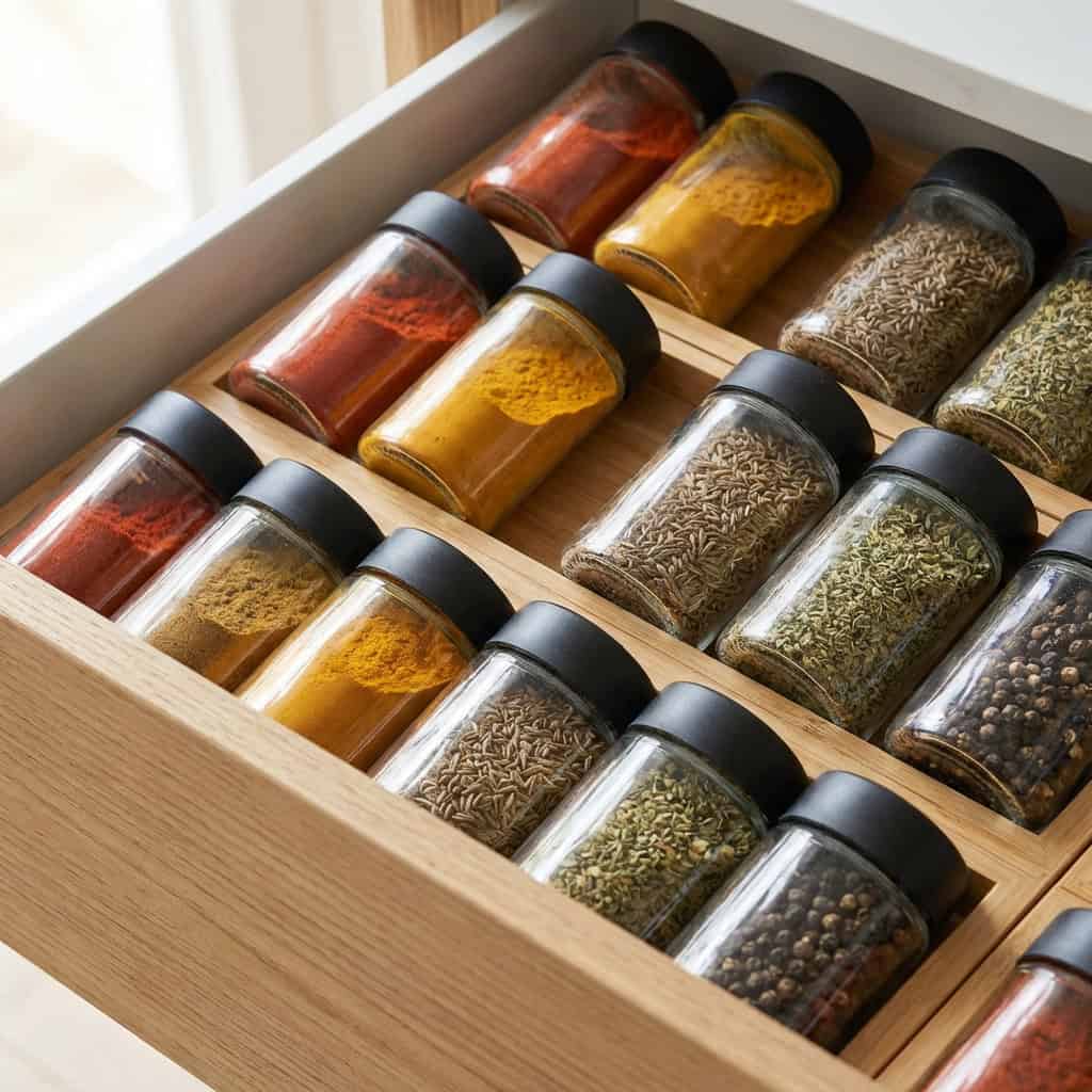 Gewürzgläser im Schubladen-Organizer für ordentliche Küchenaufbewahrung.