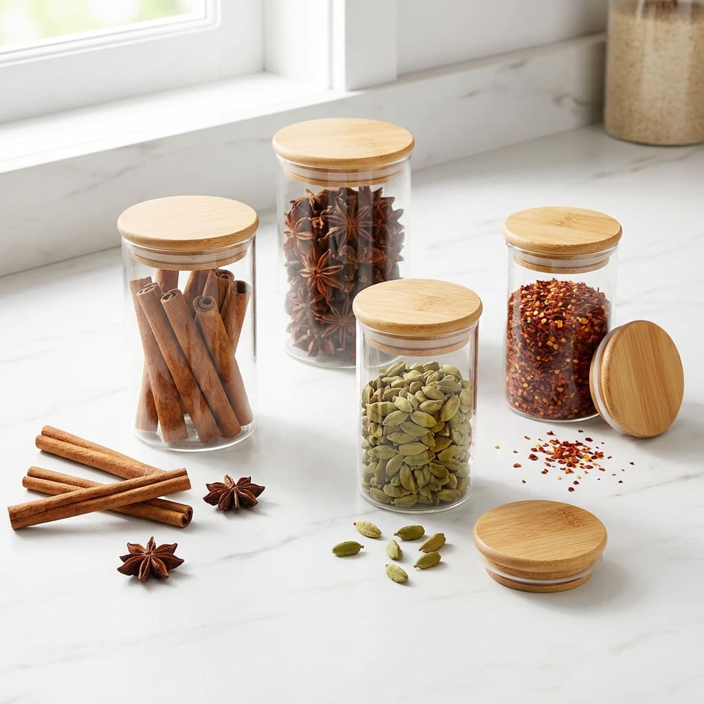 Gewürzgläser mit verschiedenen Gewürzen, ideal für die Ordnung im Küchenschrank.